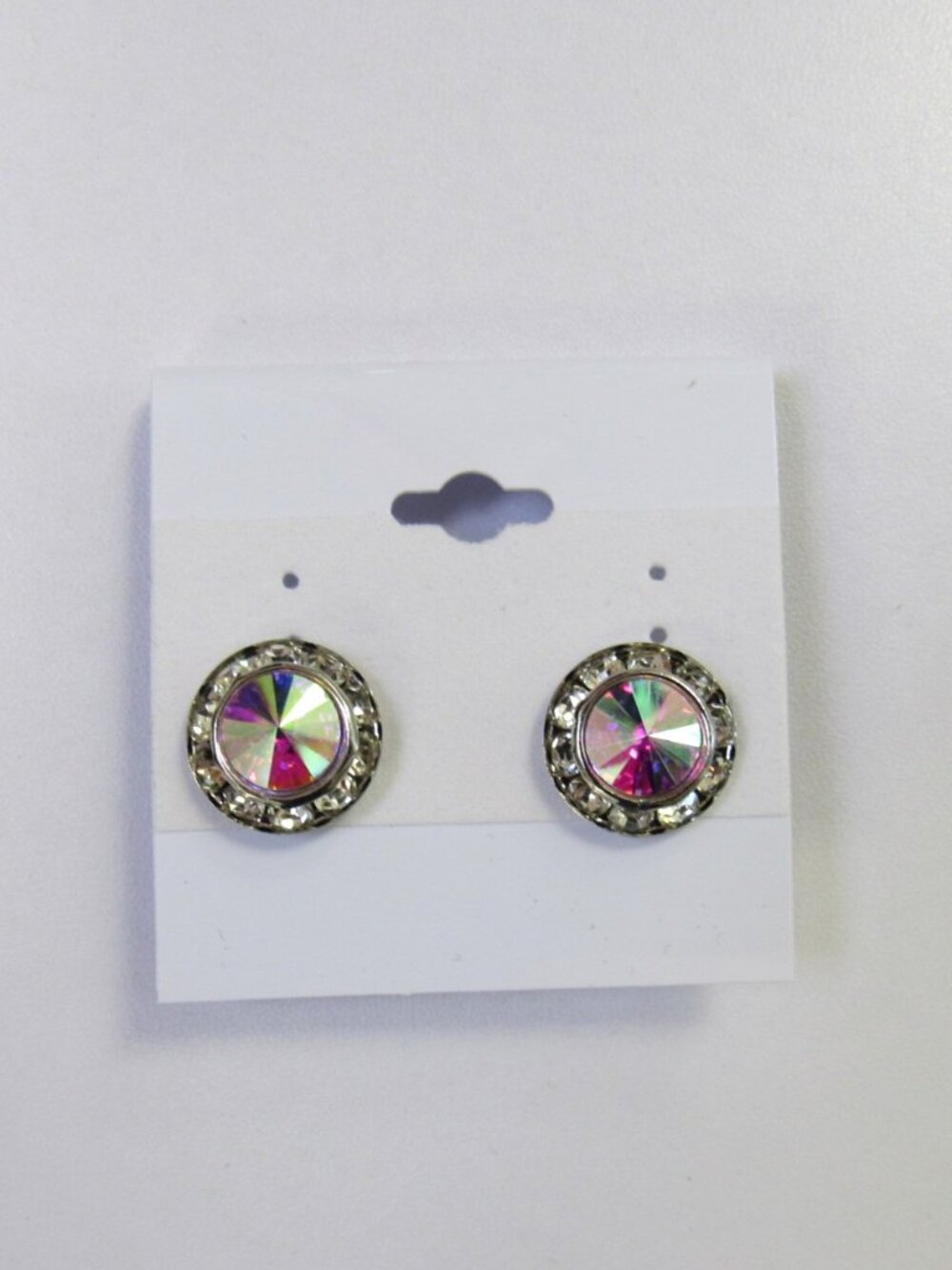 Silver Iridescent Round Stud Rhinestone Crystal Clip-on Earrings Clip Ons